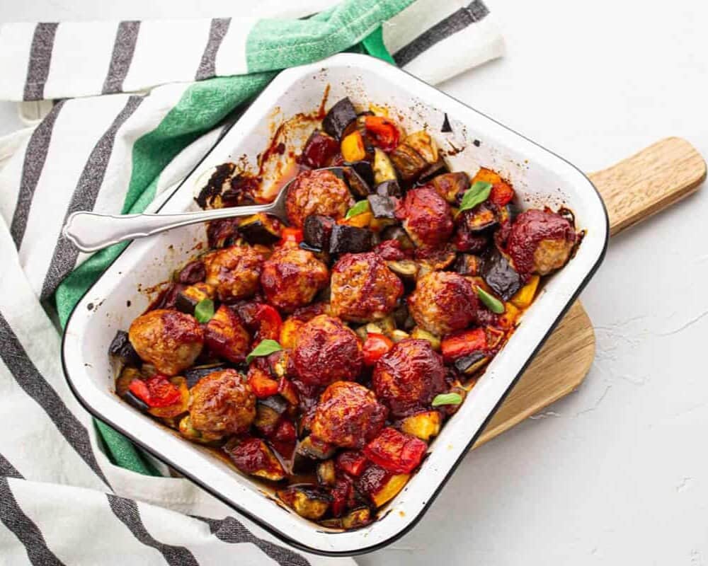Boulettes de Porc & Sauce Barbecue, Poivrons et Aubergine