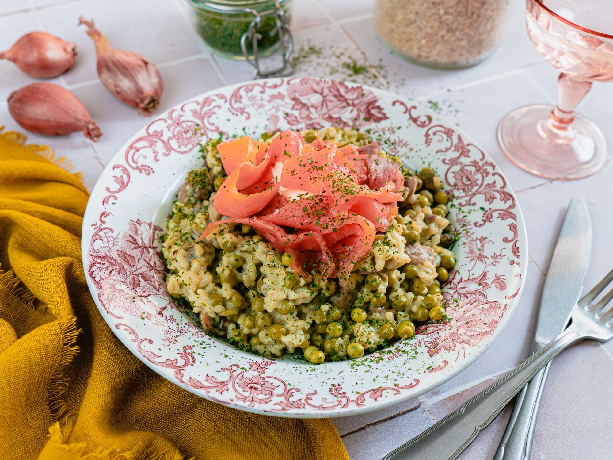 Risotto Saumon Fumé, Petits Pois & Ail des Ours